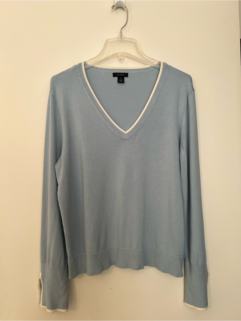 Halogen Light Blue V-Neck Sweater with White Trim